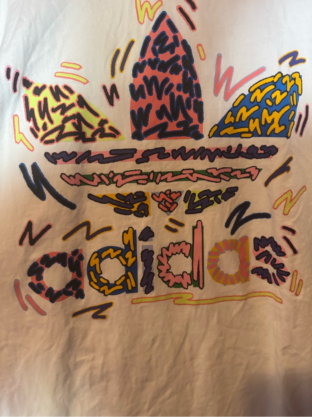adidas White Tee with Colorful Trefoil Scribble Graphic